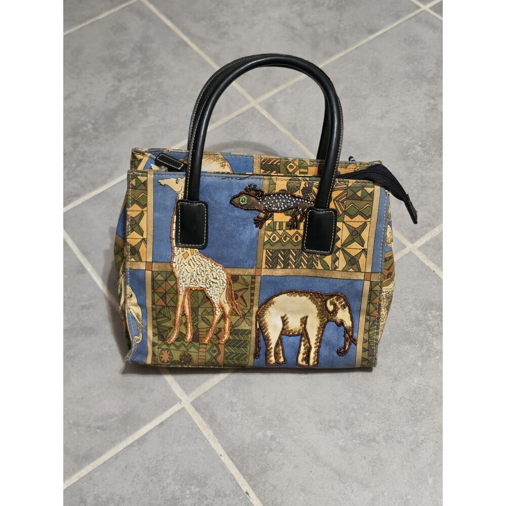 Vintage 90s Y2K Boho Tapestry Handbag Beaded Elephant Giraffe Safari Purse Tote